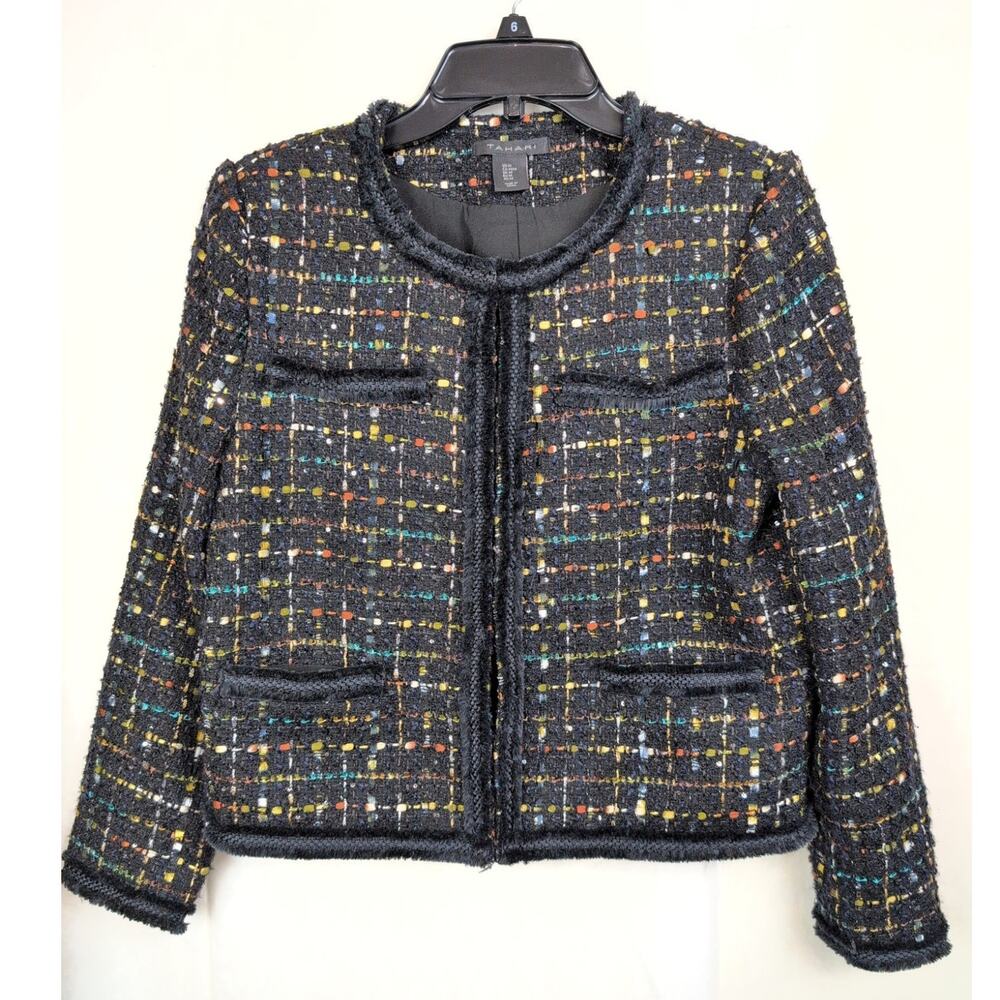 Tahari black metallic thread tweed fringe trim jacket Size M Preppy Old Money